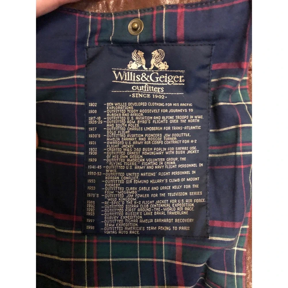 VTG Willis & Geiger‎ Leather Bomber Jacket Mens L Brown Plaid Lined Made in USA